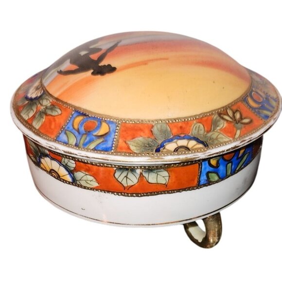 Vintage Jewelry Trinket Box Nippon Porcelain Footed Hand-Painted With Lid - Picture 3 of 7